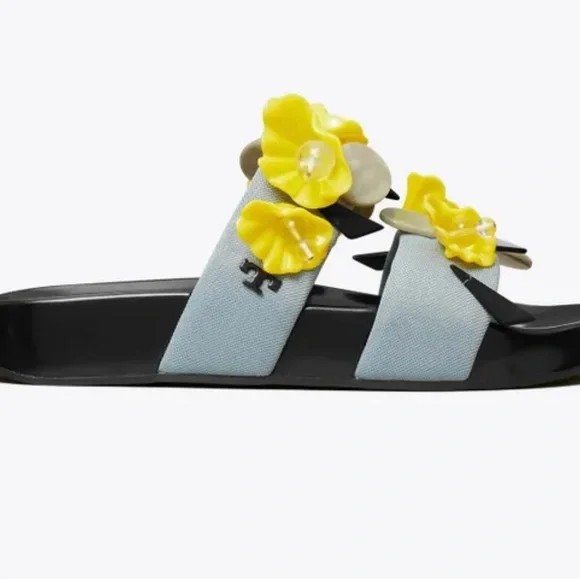 NWT TORY BURCH Flower Pool Slide Sandals Shoes Rainwater Yellow Black 7M Leather